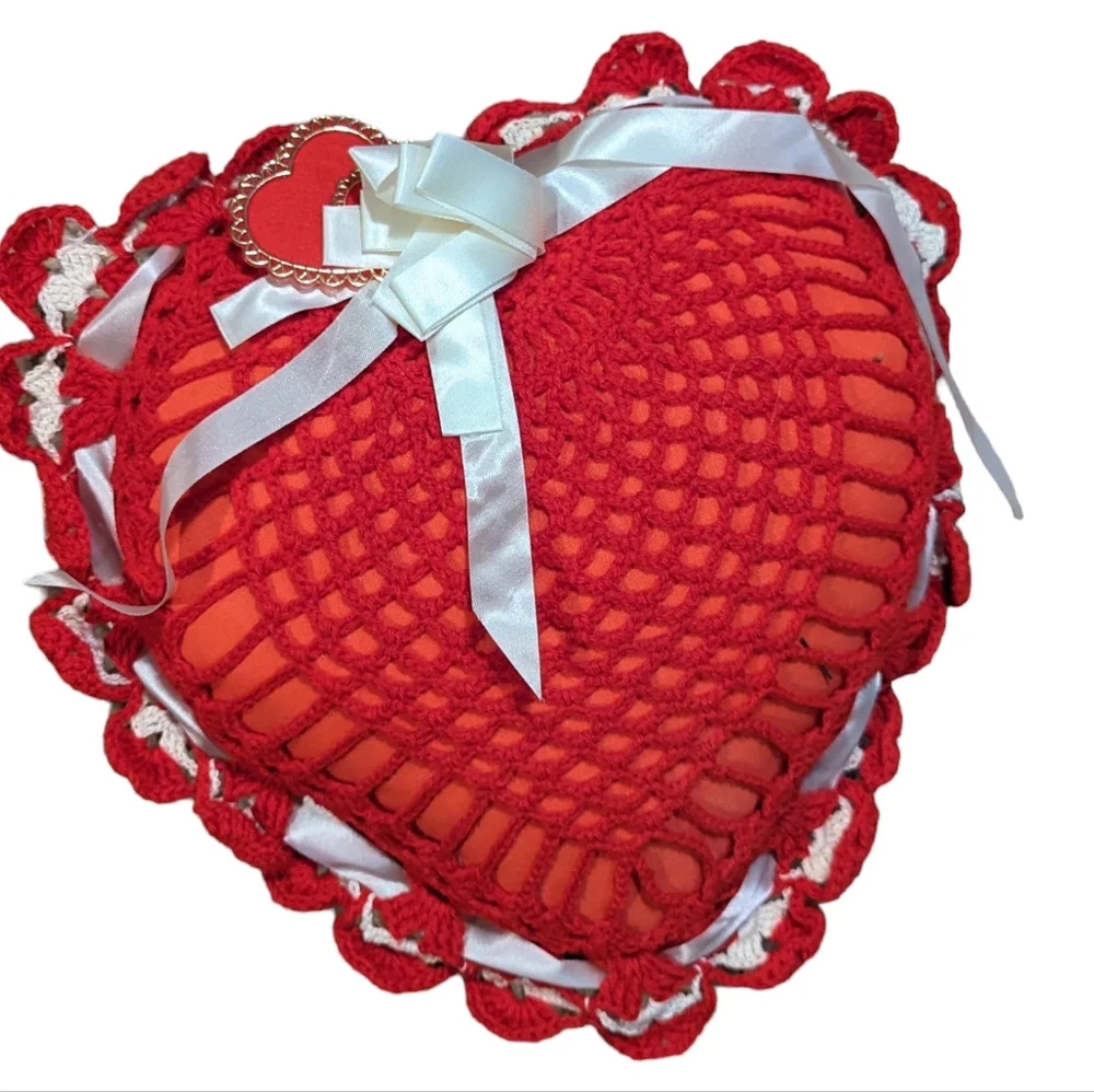 Vintage 1” Heart Pillow Crocheted  Satin‎ Ribbon Handmade Valentine Cottage Core